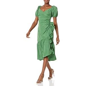 Cinq a Sept | Megan Ruffled Puff Sleeve Midi Dress Sz 6 Green Puff Sleeve Ruched